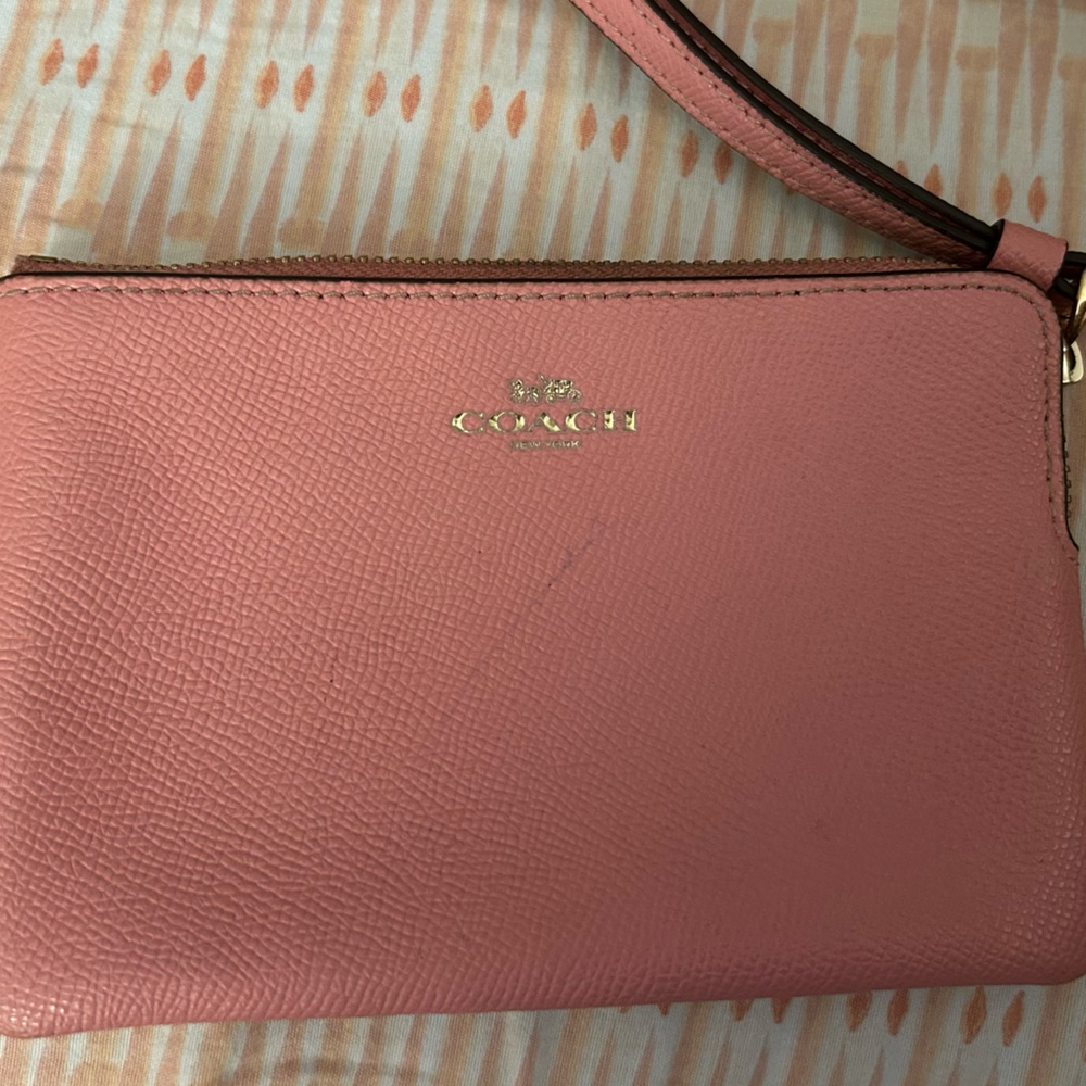 Coach Pink Leather Wristlet Clutch with Gold Logo